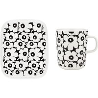 Marimekko - Oiva Pikkuinen Unikko Servierplatte & Becher mit Henkel 15 x 12 cm & 250 ml, schwarz / weiß (60th Anniversary Collection) (2er-Set) von Marimekko