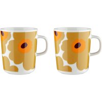 Marimekko - Oiva Unikko Becher mit Henkel, 250 ml, weiß / caramel / warm orange (2er-Set) von Marimekko