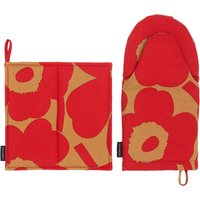 Marimekko - Pieni Unikko Ofenhandschuh & Topflappen, beige / rot (2er-Set) von Marimekko