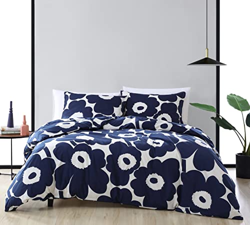 Marimekko | Unikko Collection | Bettbezug-Set – 100% Baumwolle, mittelschwer & Ganzjahresbettwäsche mit Knopfverschluss, inklusive passenden Kissenbezügen, Queen-Size, Indigo von Marimekko