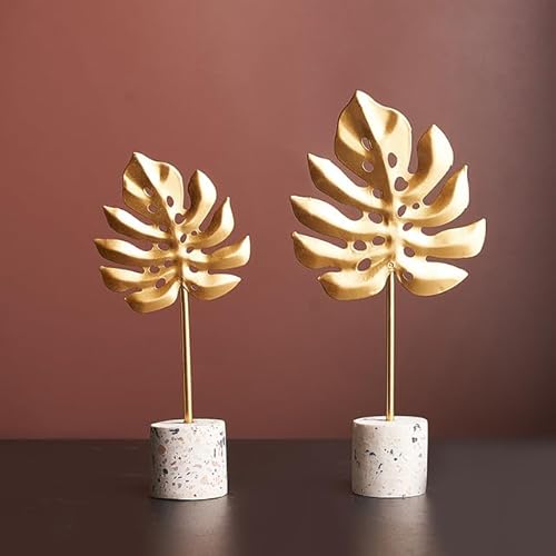 Marimor 2 pcs Skulpturen Deko modern. Ornament mit Basis Stein Statue. Suklpturen Moderne kreative Heimdekoration goldene Ginkgo. Geschenke für Familie Büro Schlafzimmer Bücherregal Modell E von Marimor