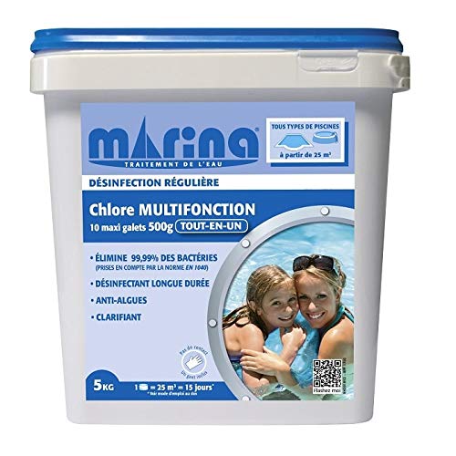 MARINA Multifunktions-Chlor All-In-One, ideale Dosierung für Pool ca. 25 m3, Chlortabletten Multifunktion für Pool, 500g Tablette, 5kg von Marina