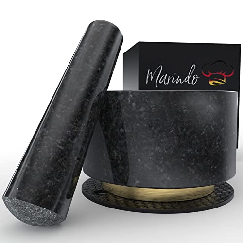 MARINDO Granit Mörser mit Stößel Schwarz & Gold (13,5cm Durchmesser) | Mörser aus Granit mit extra langem Stößel | robust, langlebig & massiv von Marindo