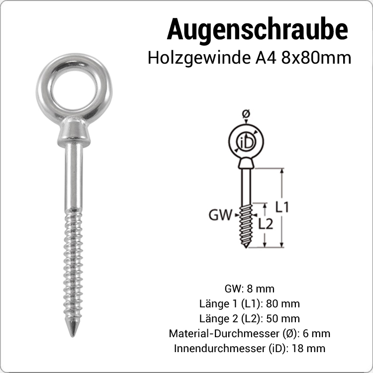 Augschraube mit Holzgewinde 8 x 80mm von MarineTech