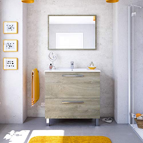 Badezimmerschrank mit einer Klapptür und Spiegel, Farbe Alaska Eiche, 80 x 80 x 45 cm von MarinelliGroup