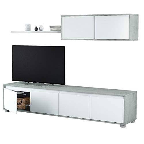 Wohnzimmer TV-Ständer mit vier Türen, mit Hängeschrank und Regal, Betonfarbe und Artikweiß, TV-Schrankmaß 200 x 43 x 41 cm Hängeschrank 105 x 35 x 29 cm Regal 95 x 3 x 21 cm von MarinelliGroup