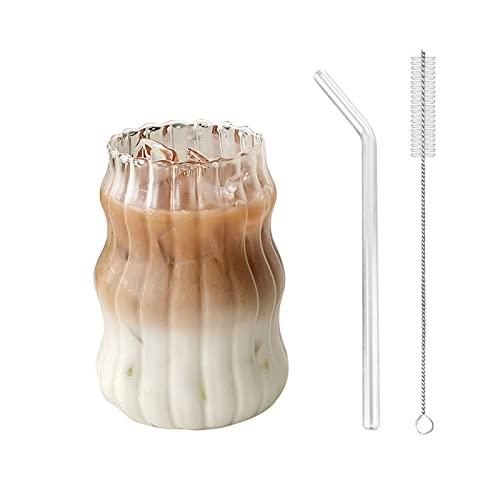 Eiskaffeetasse mit Strohhalm 2 Pcs 530ml Glas klare Welligkeit Kaffeetasse mit Glas Stroh und Strohreiniger Bürste Gerippte Glaswaren Boba Tasse Smoothie Tasse Wasser Gläser (2, C Clear - 530ml) von Maritown