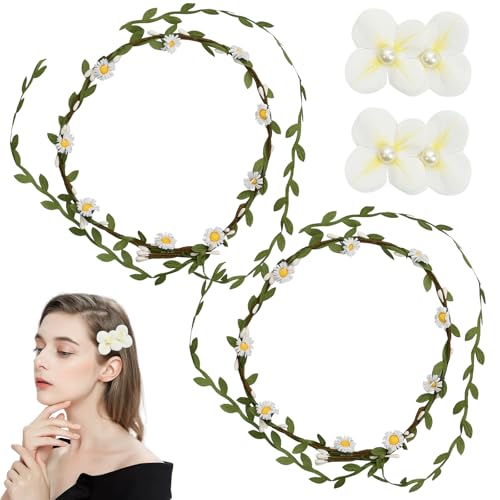 Blumenkranz Haare, 2 Stück Blumenkrone und 2 Stück Blumen-Entenschnabel-Clip,Blumenkranz Künstliche für Damen Hochzeit Zeremonie Festival Party Strand von Marjoramy