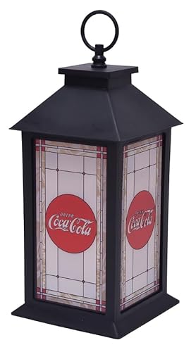 Coca Cola Laterne im Vintage-Logo, flammenlos, LED, Buntglas-Stil, Schwarz, 33 cm von Mark Feldstein & Associates