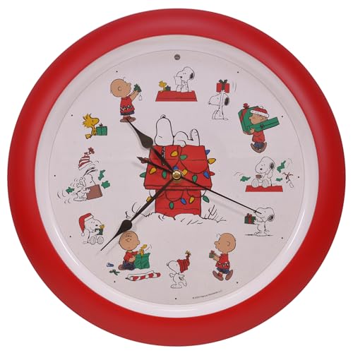 Mark Feldstein & Associates Peanuts Characters Snoopy and Doghouse Christmas Carol Holiday Sound Clock, 13 Inch, Red von Mark Feldstein & Associates