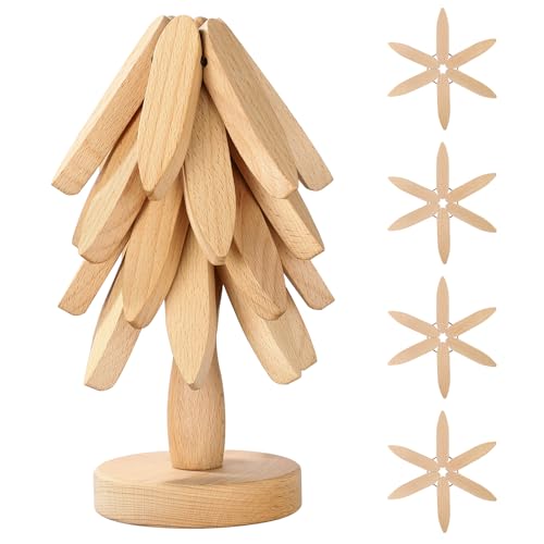 Markcco Untersetzer aus Holz für heiße Gerichte, Untersetzer in Baumform, 4 Holzuntersetzer + 1 Ständer wie EIN Weihnachtsbaum aufbewahrt, Buchenholz Untersetzer für heiße Töpfe, Pfannen, Schüssel von Markcco