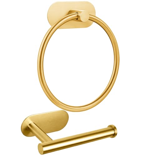 Selbstklebender Handtuchring und Toilettenpapierhalter, Ohne Bohren Edelstahl Badezimmer Hardware Set, Stabiles Badzubehör für Badezimmer oder Küche, Wandmontage Gold von Markcco