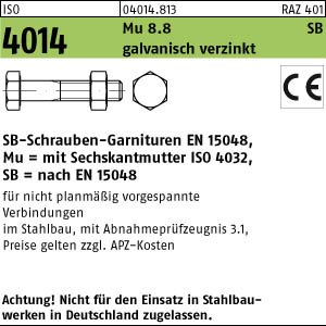 25 Sechskant Schrauben Garnituren SB ISO 4014 8.8 CE Mu M20x100 verzinkt von Markenlos