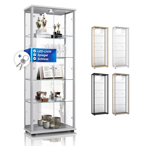 K-Möbel Glas Vitrinenschrank 2-türig (176x67x33cm) - Made in Germany - Standvitrine Silber/Alu mit 4 höhenverstellbaren Glasböden, Spiegel, Schloss & LED - Glasvitrine Stehend - Sammler von K-Möbel