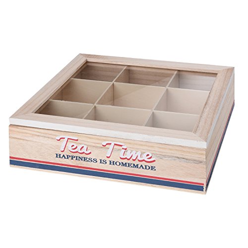 Kiste Teekiste 9Fächer Holz 24x24x7cm Glasscheibe Maritim Teebeutelbox Teebox von Markenlos