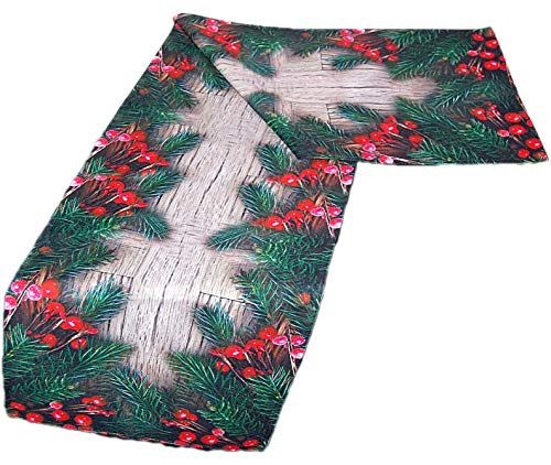 Bezaubernde Tischdecke 40 x 160 cm Kirschlorbeer rot grün Weihnachten Holzdiele Winter Digitaldruck (Tischläufer 40x160 cm) von Markenlos