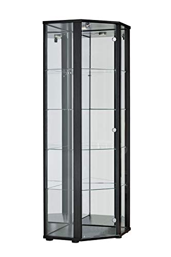 K-Möbel Eckvitrine in Schwarz (176x56,5x56,5 cm) mit 4 Glasböden, Schloss, Spiegel & LED - Modellauto Vitrine Schwarz - Vitrinenschrank Holzoptik - Sammlervitrine - Wohnzimmerschrank Glasvitrine von K-Möbel
