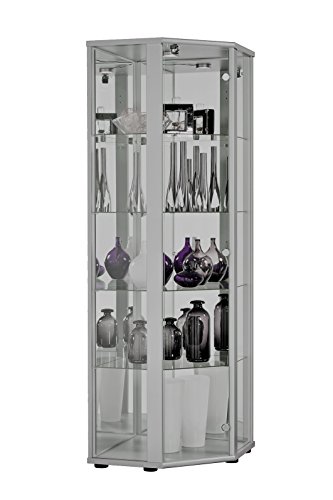 K-Möbel Eckvitrine in Alu/Silber (176x56,5x56,5 cm) mit 4 Glasböden, Schloss, Spiegel & LED - Modellauto Vitrine Silber - Vitrinenschrank Silber - Sammlervitrine - Wohnzimmerschrank Glasvitrine Glas von K-Möbel