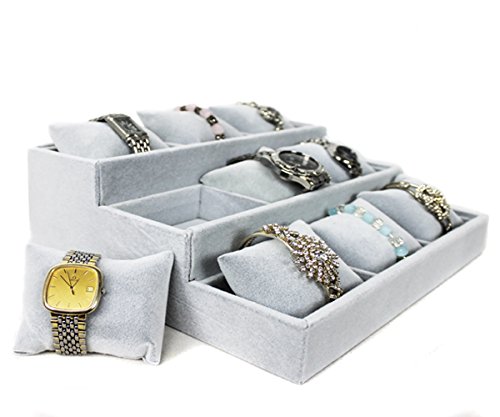 Markenlos Schmucktreppe Uhrenständer Juwelier Display 3 Ebenen 9 Uhrenkissen grau von Markenlos