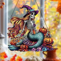 Skelett Meerjungfrau Hexe Acryl Suncatcher, Halloween Fensterschmuck Mit Kürbissen, Gruseliges Fantasy Dekor Geschenk, Fledermaus Gothic von Markichter