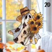 Sonnenblumen-Geist Acrylfensterbehang, Niedlicher Herbst-Geist Suncatcher, Halloween-Cowboy-Geist-Verzierung, Blumenherbst-Fensterdekoration von Markichter