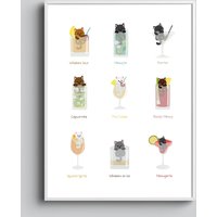 Cocktail Katzen Poster - Drinks Mit Katzenillustration | Lustiges Wandbild in Beige & Weiß Bar-Deko Und Geschenkidee von MarliDesignStudio