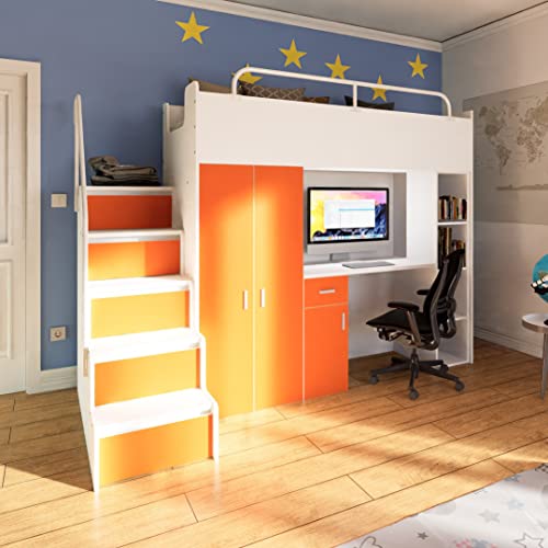 Marlux-Meble Hochbett Kinderbett JSM-4 80x190 mit Kleiderschrank Schreibtisch und Treppe Matt Kinderbetten Funktionsbett Etagenbett Stockbett Kinderhochbett Jugendhochbett (Orange Matt) von Marlux-Meble