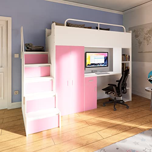 Marlux-Meble Hochbett Kinderbett JSM-4 80x190 mit Kleiderschrank Schreibtisch und Treppe Matt Kinderbetten Funktionsbett Etagenbett Stockbett Kinderhochbett Jugendhochbett (Rosa Matt) von Marlux-Meble