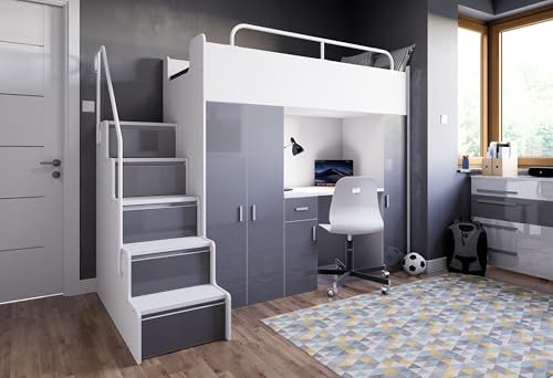 Marlux-Meble Hochbett Kinderbett JSM-5 90x200 mit Kleiderschrank Schreibtisch und Treppe Glanz Etagenbett Stockbett Jugendhochbett (Grafit Glanz) von Marlux-Meble