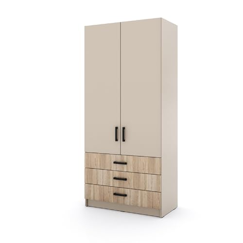 Marlux-Meble Kleiderschrank Sigma 90 cm breit mit 2 Drehtüren und 3 Schubladen Korpus in Kaschmir Schlafzimmerschrank Kinderzimmerschrank Systemschrank (Türen-Kaschmir, Schubladen-Sonoma-Eiche) von Marlux-Meble