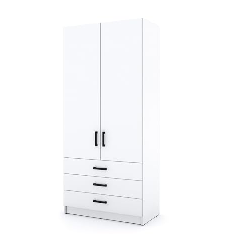 Marlux-Meble Kleiderschrank Sigma 90 cm breit mit 2 Drehtüren und 3 Schubladen Korpus in Weiß Matt Schlafzimmerschrank Kinderzimmerschrank Systemschrank (Türen-Weiß, Schubladen-Weiß) von Marlux-Meble