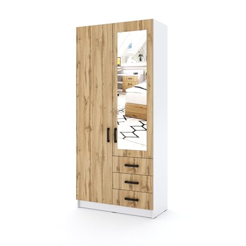 Marlux-Meble Kleiderschrank Sigma 90 cm breit mit Spiegel 2 Drehtüren und 3 Schubladen Korpus in Weiß Matt Schlafzimmerschrank Kinderzimmerschrank (Türen-Wotan-Eiche, Schubladen-Wotan-Eiche) von Marlux-Meble