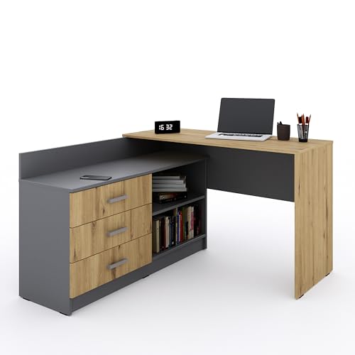 Marlux-Meble Schreibtisch mit Schubladen 3 und Regalen 2 | Eckschreibtisch Grau Matt - Artisan-Eiche | PC Schreibtisch L Form (Omega Schreibtisch Holz 131x120x76 cm) von Marlux-Meble