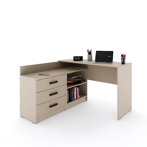 Marlux-Meble Schreibtisch Sigma mit Schubladen 3 und Regalen 2 | Eckschreibtisch (L Form Schreibtisch 131x120x76 cm) (Kaschmir) von Marlux-Meble