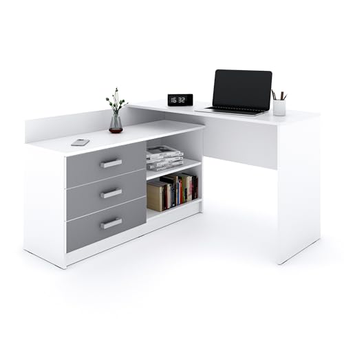 Marlux-Meble Schreibtisch mit Schubladen 3 und Regalen 2 | Eckschreibtisch Graphit Matt | PC Schreibtisch L Form mit Stauraum (Alto Schreibtisch Holz 131x120x76 cm) von Marlux-Meble