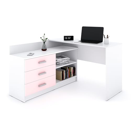 Marlux-Meble Schreibtisch mit Schubladen 3 und Regalen 2 | Eckschreibtisch Rosa Matt | PC Schreibtisch L Form mit Stauraum (Alto Schreibtisch Holz 131x120x76 cm) von Marlux-Meble