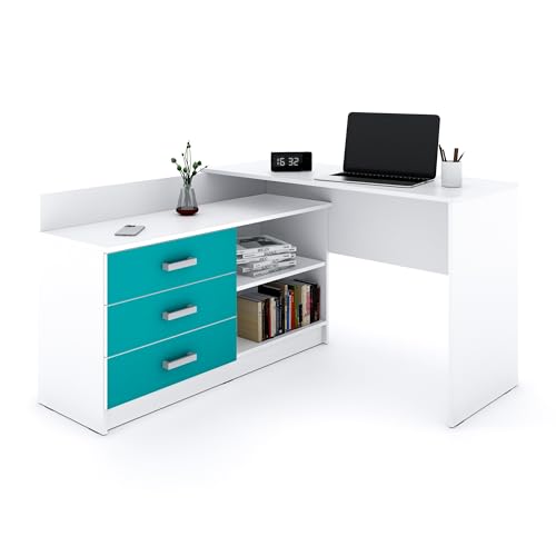 Marlux-Meble Schreibtisch mit Schubladen 3 und Regalen 2 | Eckschreibtisch Türkis Matt | PC Schreibtisch L Form mit Stauraum (Alto Schreibtisch Holz 131x120x76 cm) von Marlux-Meble