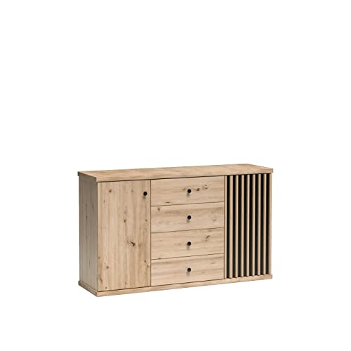 Marmex Cali 04 Sehr geräumige Kommode - Front mit Lamellen aus beschichteter Spanplatte in Schwarz - Perfekt für das Wohn- oder Schlafzimmer - Eiche Artisan + Schwarz Matt + Lamellen - 142,1x85,4x40,6 von Marmex Meble