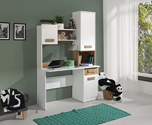 Marmex Grant G11-12 - Schreibtisch mit Regal, Schreibtisch mit Schublade und Schrank - Schreibtisch für das Kinderzimmer, Jugendzimmer - 125x195x52,5, Weiß + Riviera Eiche von Marmex Meble