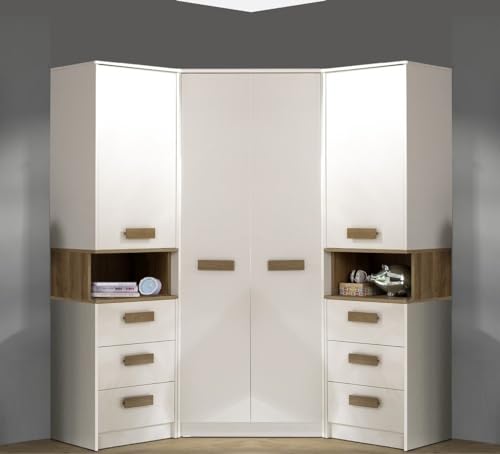 Marmex Grant G17 - Eckschrank 143x195x143 cm, 2 x Bücherregal, Eckgarderobe mit Kleiderstangen und Einlegeböden Set Garderobe für das Schlafzimmer, Jugendzimmer - weiß + Riviera Eiche von Marmex Meble