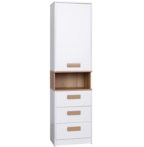 Marmex Grant G6 Kleiderschrank Garderobenschrank Flur mit Regalen und Schubladen Regal mit 2 Fächer Bücherregal Kommode Schmal mit Nischenregal Kinderzimmer Möbel Wohnzimmer Möbel 52x195 cm von Marmex Meble