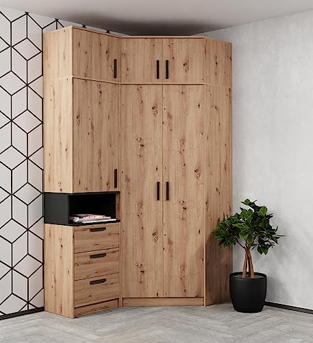 Marmex Grant Set 12A hohe Eckgarderobe, geräumiger Eckschrank Schrank mit Regal und Aufsätzen für den Flur Schlafzimmer Jugendzimmer Artisan+schwarz von Marmex Meble