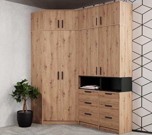 Marmex Grant Set 14A EIN geräumiger Eckschrank mit Einlegeböden Zwei Standregale und Aufsätzen Soft Close Funktion (Artisan+schwarz) von Marmex Meble
