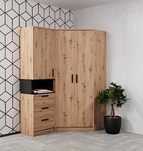 Marmex Grant Set 15A 91x195x143 EIN geräumiger Eckschrank mit Einlegeböden und Kleiderstangen EIN Standregal Soft-Close Funktion Jugendzimmer Schlafzimmer Eckkleiderschrank Artisan Eiche+schwarz von Marmex Meble