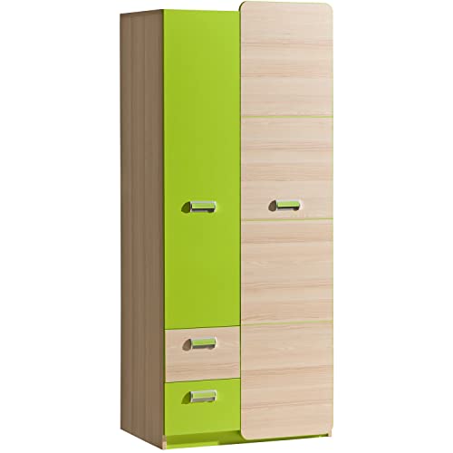 Marmex Lorento L1 - Zweitüriger Schrank 80 cm mit Schubladen, Einlegeböden und Einer Reling; EIN geräumiger und praktischer Schrank für EIN Jugend- und Kinderzimmer (Esche Coimbra + Limettengrün) von Marmex Meble