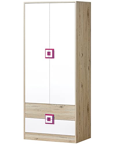 Marmex Nico N1 Zweitüriger Kleiderschrank - Hochwertige Möbelbeschläge - Kleiner Kleiderschrank - Kleiderschrank für Jugend, Kinderzimmer - Eiche Hell + Weiß + Rosa - 80x190x50cm von Marmex Meble