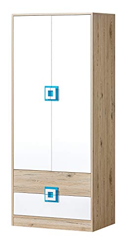 Marmex Nico N1 Zweitüriger Kleiderschrank - Hochwertige Möbelbeschläge - Kleiner Kleiderschrank - Kleiderschrank für Jugend, Kinderzimmer - Eiche Hell + Weiß + Türkis - 80x190x50cm von Marmex Meble