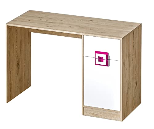 Marmex Nico N10 Großer Schreibtisch mit Schrank - Schreibtisch mit Schublade für Arbeit, Arbeitszimmer, Jugendzimmer, Kinderzimmer - Computertisch - Eiche Hell + Weiß + Rosa - 120x78x50cm von Marmex Meble