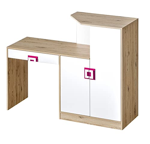 Marmex Nico N11 Großer Schreibtisch mit Kommode - Schreibtisch mit Schublade für Arbeit, Arbeitszimmer, Jugendzimmer, Kinderzimmer - Computertisch - Eiche Hell + Weiß + Rosa - 150x120x50cm von Marmex Meble