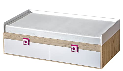 Marmex Nico N14 Einzelbett 90x200 cm mit Schubladen für Jugendzimmer - Funktionelles Bett für Kinderzimmer - Hochwertige Möbelbeschläge - Laminierte Spanplatte - Eiche Hell + Weiß + Rosa von Marmex Meble